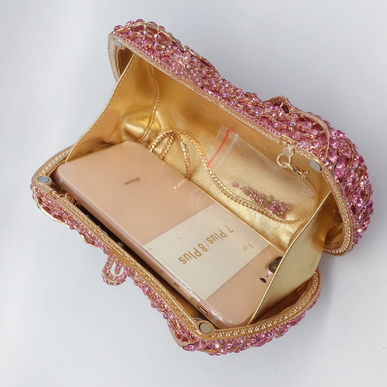 Túi clutch nữ đính kim cương nơ bướm kim loại dây xích dạ tiệc — Vàng kim AB chi tiết 5