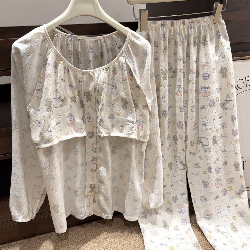 胖mm睡衣女带胸垫春秋款云朵棉长袖日系ins卡通家居服套装可外穿|undefined