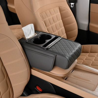 Armrest box pad with cup holder and storage - gray-with-paper-towels