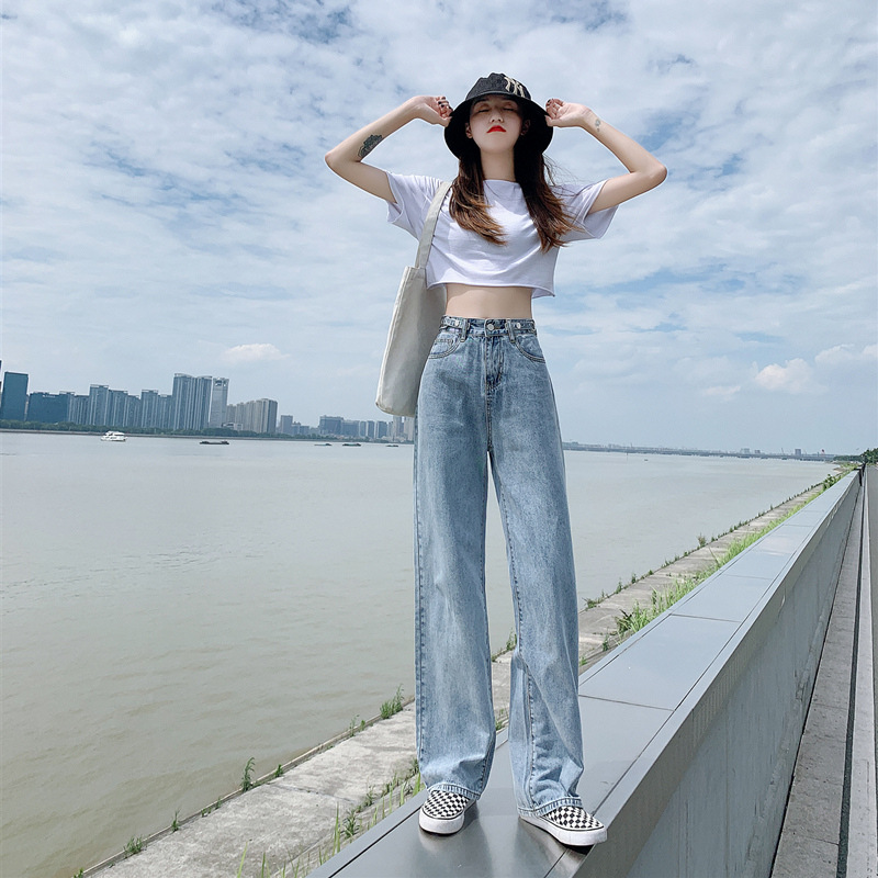 High waist jeans female 2021 summer Korean version of loose thin straight tube female waist adjustable double buckling mopping pants