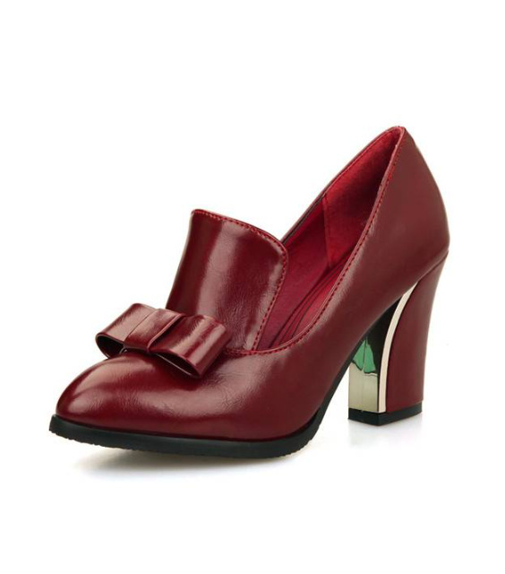 Women's Mid-heel Chunky Bowknot Pumps Elegant Leather Lace-up Shoes_voghion.com