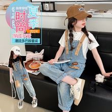 品质原创大量现货女大童牛仔背带裤休闲宽松时尚刺绣吊带裤