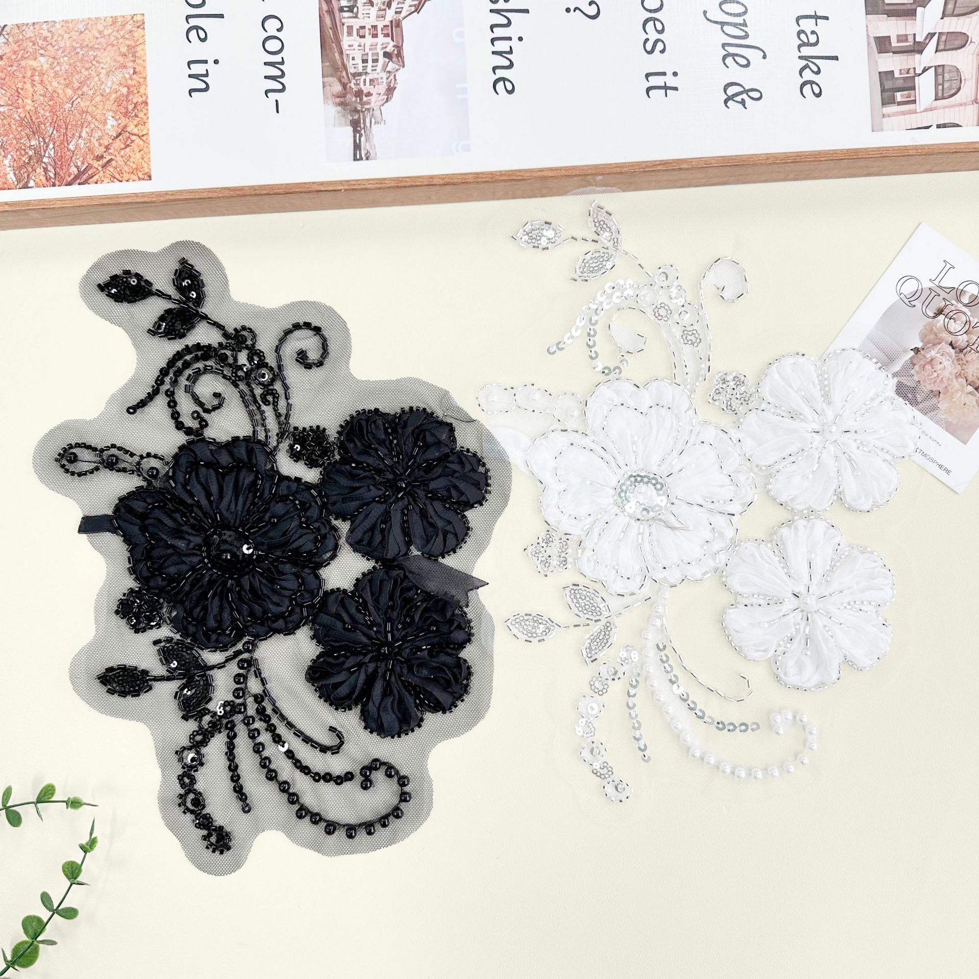 Nuevo blanco y negro esquinilla bordado tridimensional tela de malla fijación floral accesorios accesorios de vestido vestido