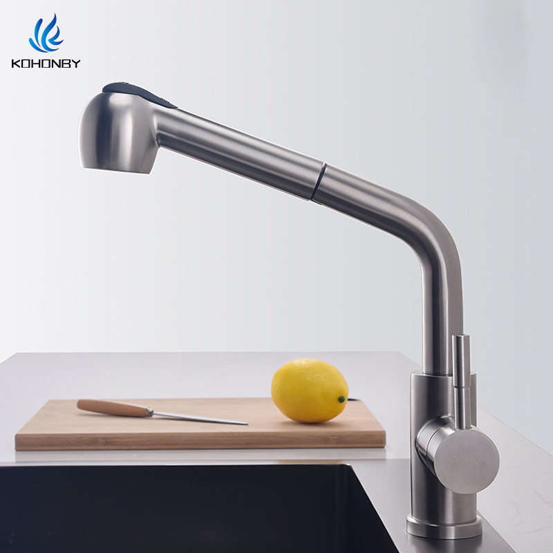 Kitchen pull-out sink faucet universal hot and cold household sink stainless steel rotating