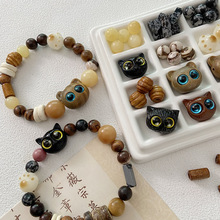 檀木树脂猫头天然石木珠散珠手链项链串珠手工diy材料饰品配件包