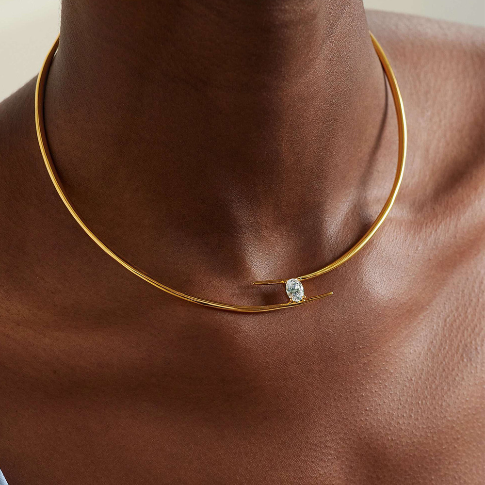 Cross-border Hot-selling Retro Metal Necklace Women's Ins High-end Rhinestone Water Drop Opening Neckchain Simple Fashion Accessories