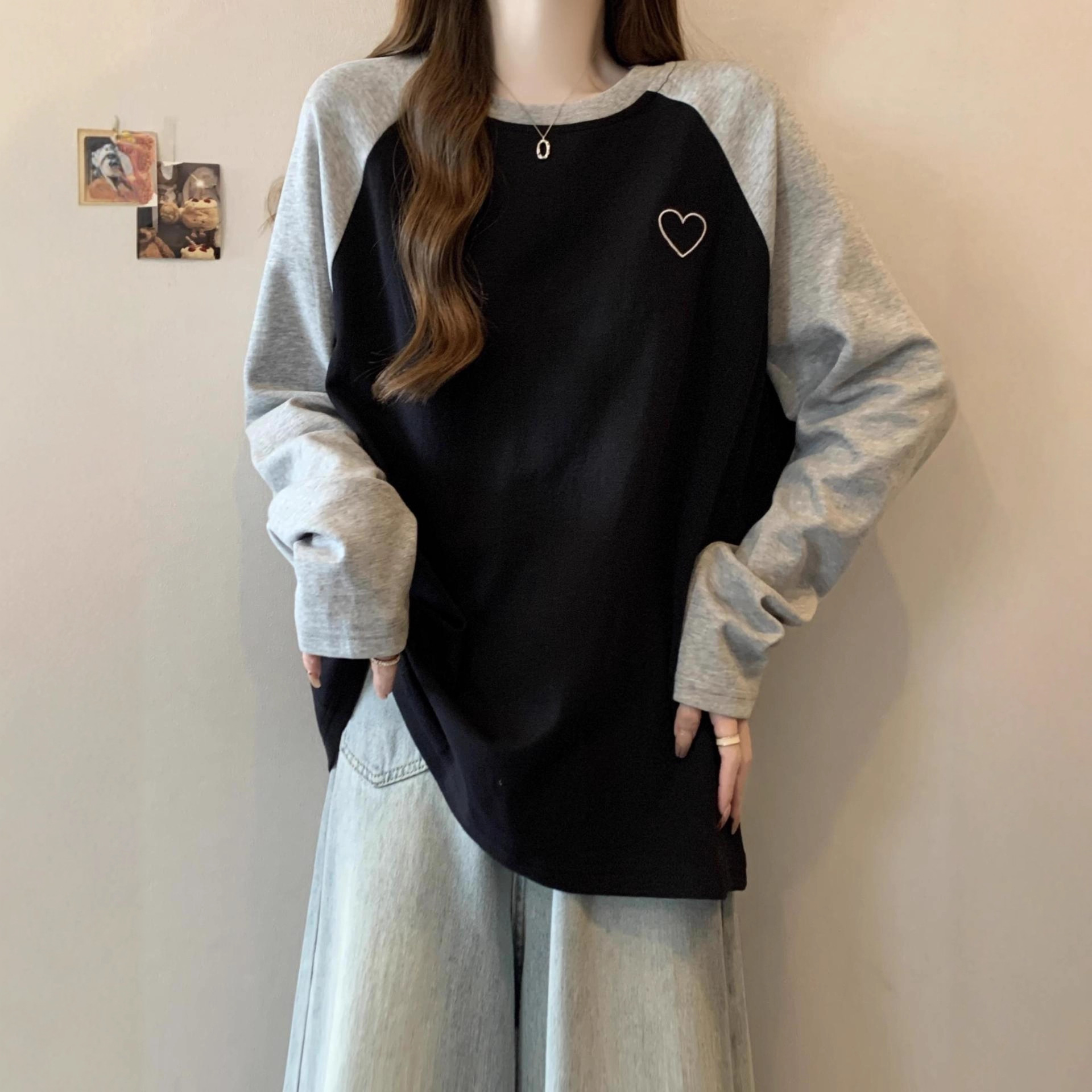 巨显瘦插肩袖正肩长袖T恤女2025秋季新款大码胖mm内搭打底衫上衣