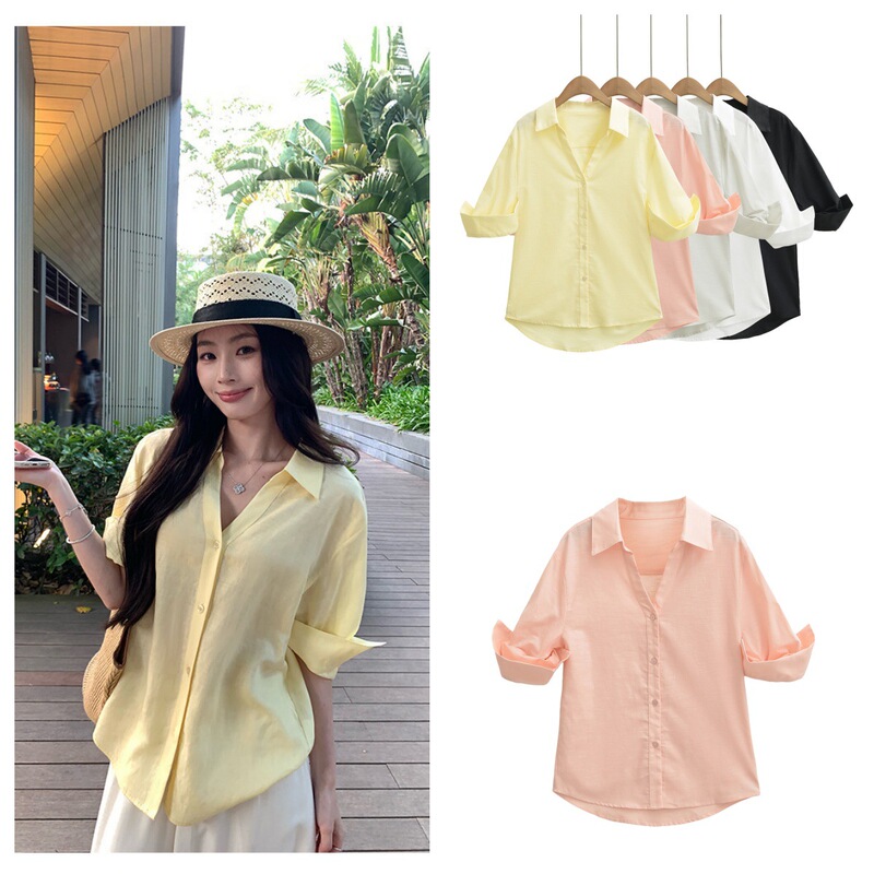 Summer New Cross-Border Women's Fashion French-Style Loose Casual Commuting V-Neck Half-Sleeve Shirt Top