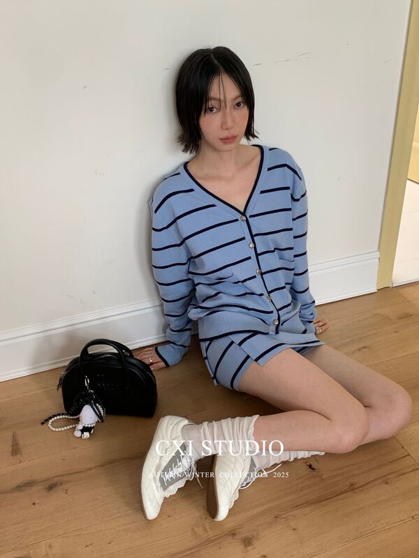 CXI 两色条纹小香针织开衫短裙两件套秋季V领开衫百搭显瘦外套女|undefined