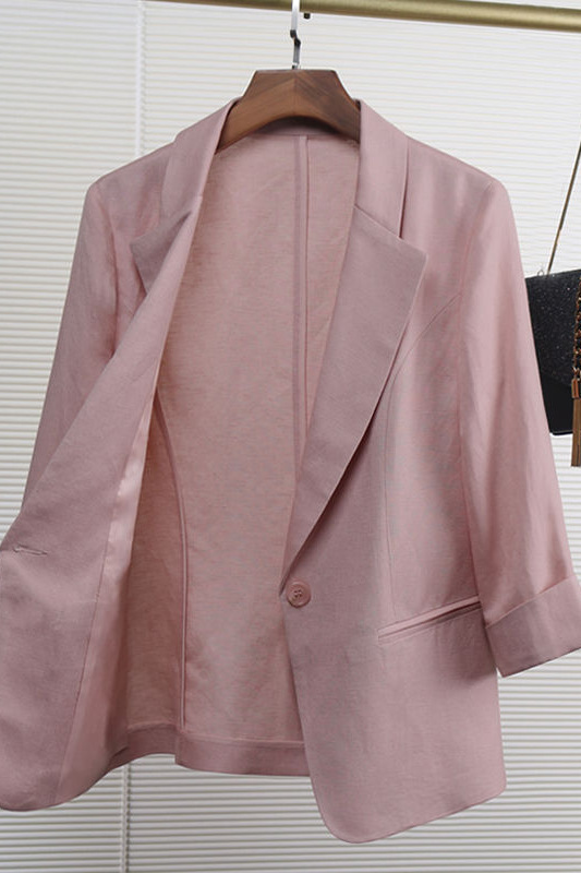 Pink Three-Quarter Sleeve Linen Blazer for Women, Spring and Autumn Casual Short Slim-Fit Thin Cotton-Linen Jacket for Summer Pink Three-Quarter Sleeve Linen Blazer for Women, Spring and Autumn Casual Short Slim-Fit Thin Cotton-Linen Jacket for Summer