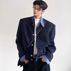 高智感时髦贵气小香风外套男秋季高级感拼接假两件条纹衬衫领夹克