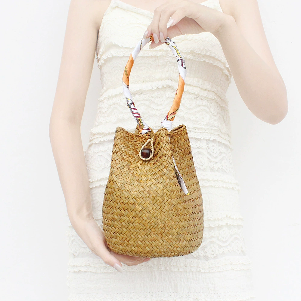 Woven bucket, straw beach bag one shoulder, handmade, Thailand, french style