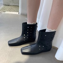 羊皮版~设计感真皮宽筒洞洞西部靴女复古镂空透气美拉德凉靴网靴