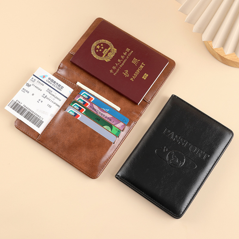 Paquete de pasaporte RFID simple, clip de pasaporte de viaje de cuero de caballo loco, funda protectora de pasaporte multifuncional, funda de cuero para embarque