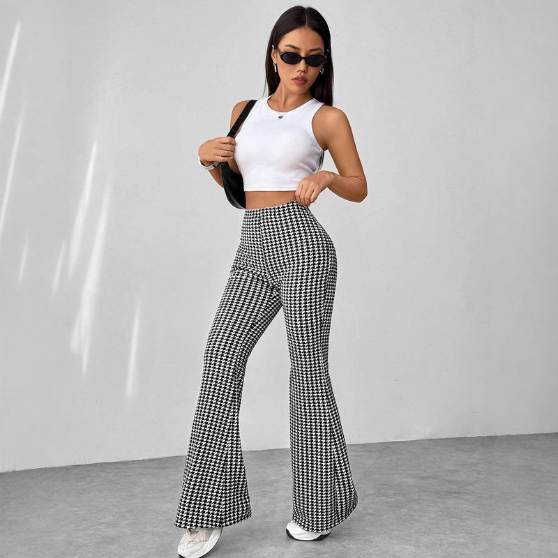 2026 Cross-Border European and American Amazon New Fashion Retro Houndstooth High-Waisted Slim-Fit Floor-Length Casual Flared Pants 2026 Cross-Border European and American Amazon New Fashion Retro Houndstooth High-Waisted Slim-Fit Floor-Length Casual Flared Pants