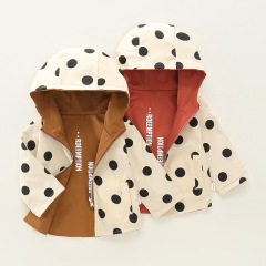 Spring New Girls' Hooded Zipper Large Polka Dot Windbreaker Coat Autumn Girls' Casual Fashion Long Sleeve Coat