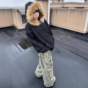 American Style Retro Fur Collar Couple Hooded Zipper Cardigan Sweater Autumn and Winter Men's Fashionable High-end Fashion Casual Jacket