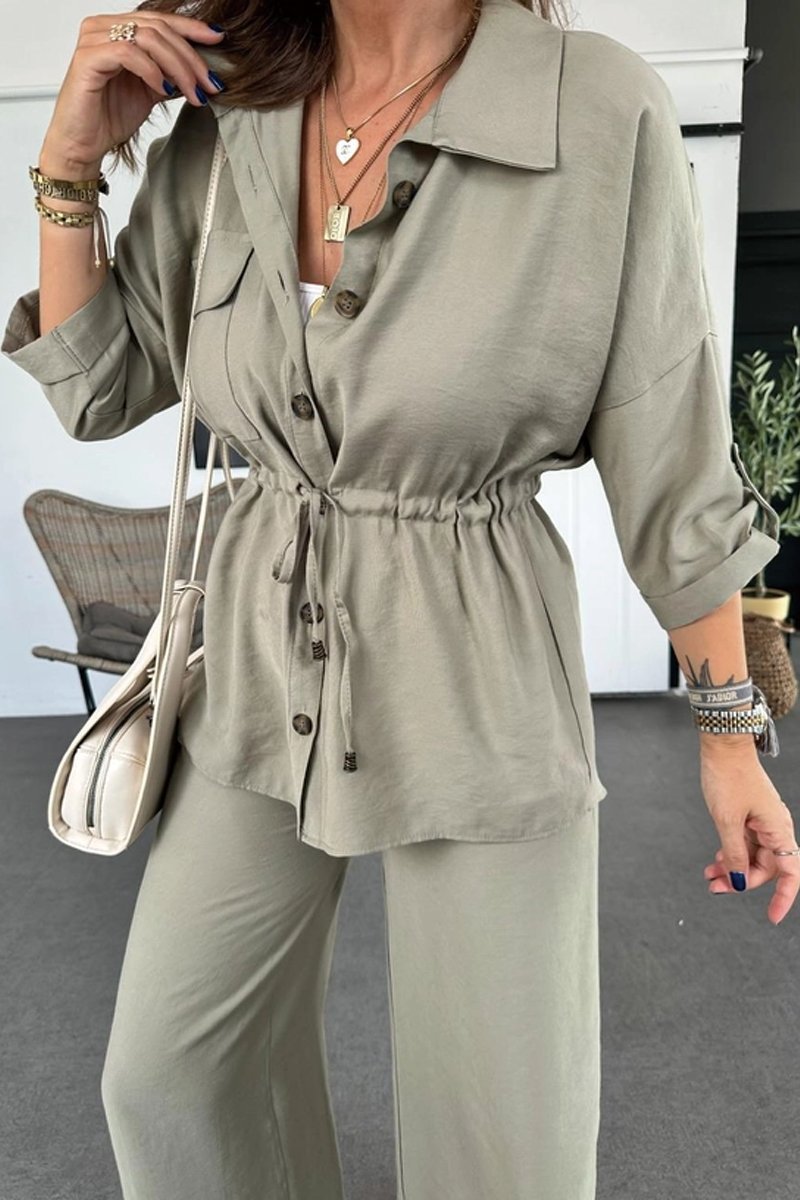 Women's Autumn Solid Color Casual Button Drawstring Loose Suit European And American Style_ecoleips.com