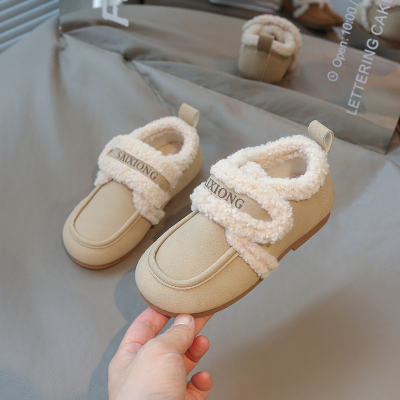 Scarpe per bambini in cotone 2024 in pelle scamosciata con suola morbida per ragazzi e ragazze, scarpe calde versatili per bambini in lana d'agnello_voghion.com