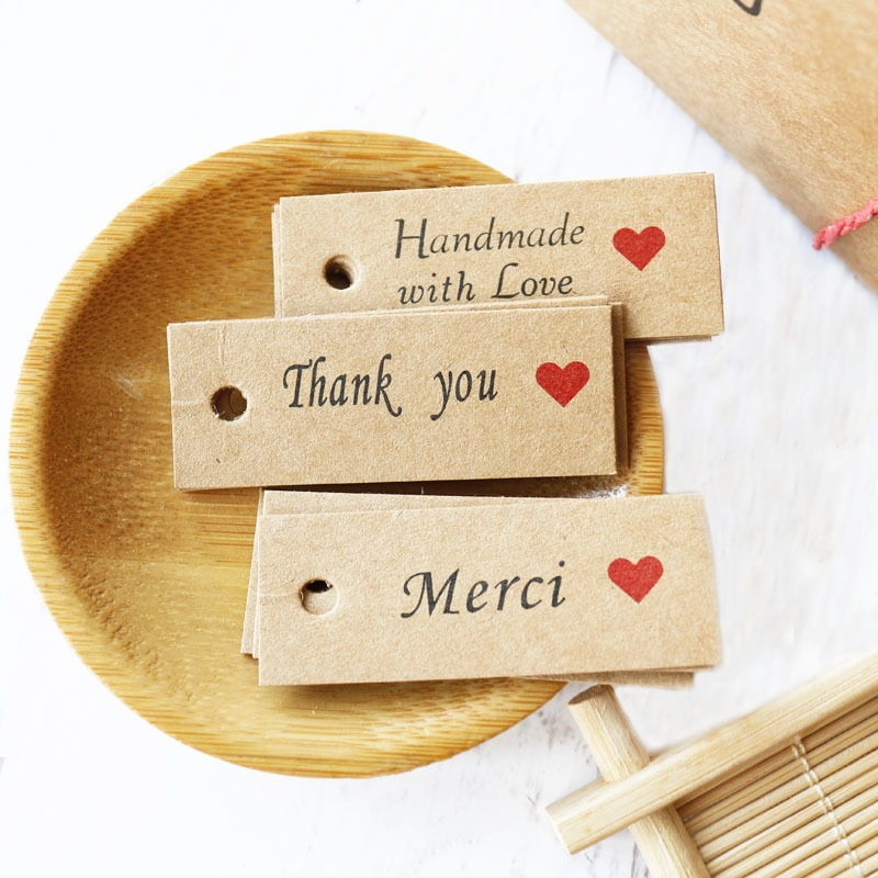 Kraft paper red heart tag Thank you Handmade Merci Love handmade label tag 100 pieces