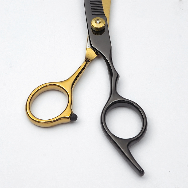 Forbici✂Forbici da parrucchiere a denti piatti in acciaio inossidabile nero e oro, set professionale per il taglio dei capelli_voghion.com
