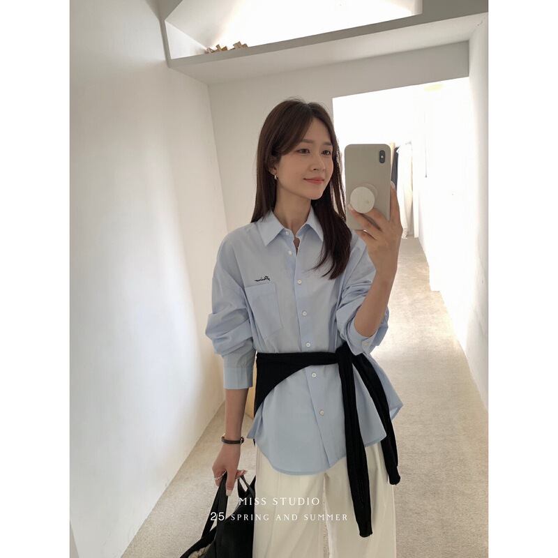 [Miss Genuine Store] Korean Style Versatile Shirt with Lettering Embroider on the Back for Women N1112