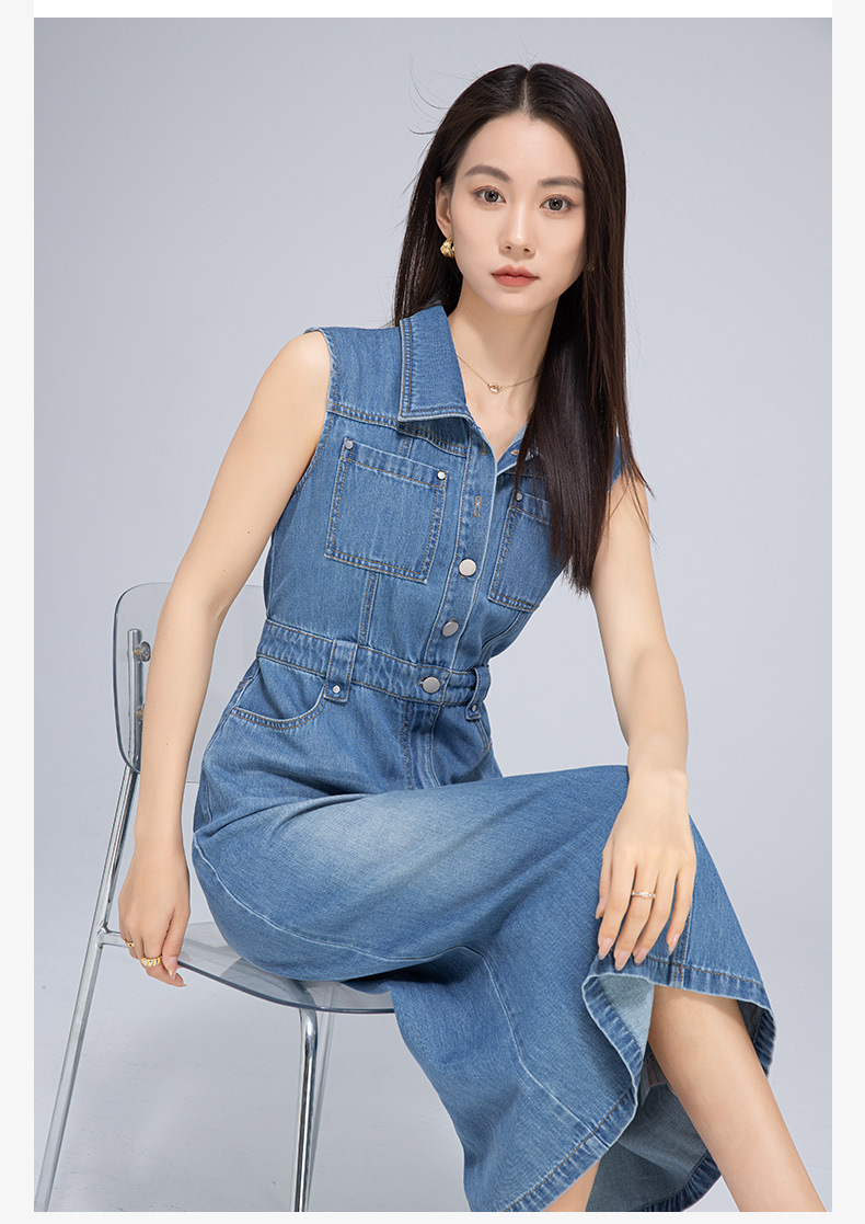 Váy denim cổ điển dáng dài không tay, thắt eo tôn dáng — Xanh lam hoài cổ chi tiết 4