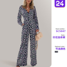 2025秋冬跨境ebay欧美女装连体裤潮流几何图印花V领修身长袖长裤