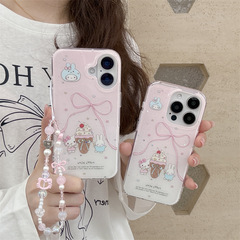 細かいキラキラのリボン付きアイスクリームうさぎKT iPhone17/Apple 16ProMax/15/14対応スマホケース/ブレスレット
