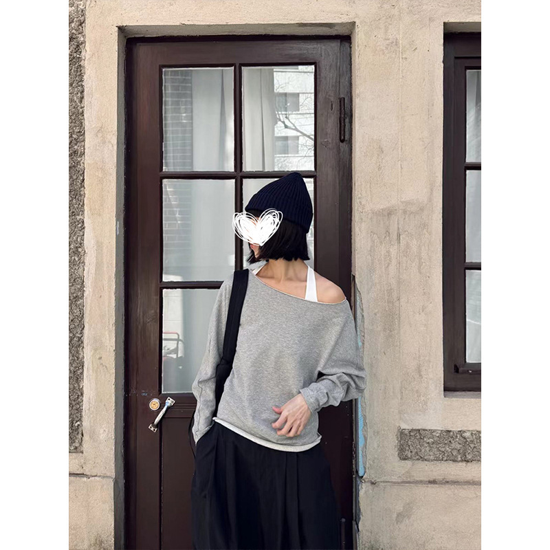 Moses Queen/Relaxed and casual off-shoulder long-sleeve top, niche off-shoulder stylish simple sweatshirt Moses Queen/Relaxed and casual off-shoulder long-sleeve top, niche off-shoulder stylish simple sweatshirt
