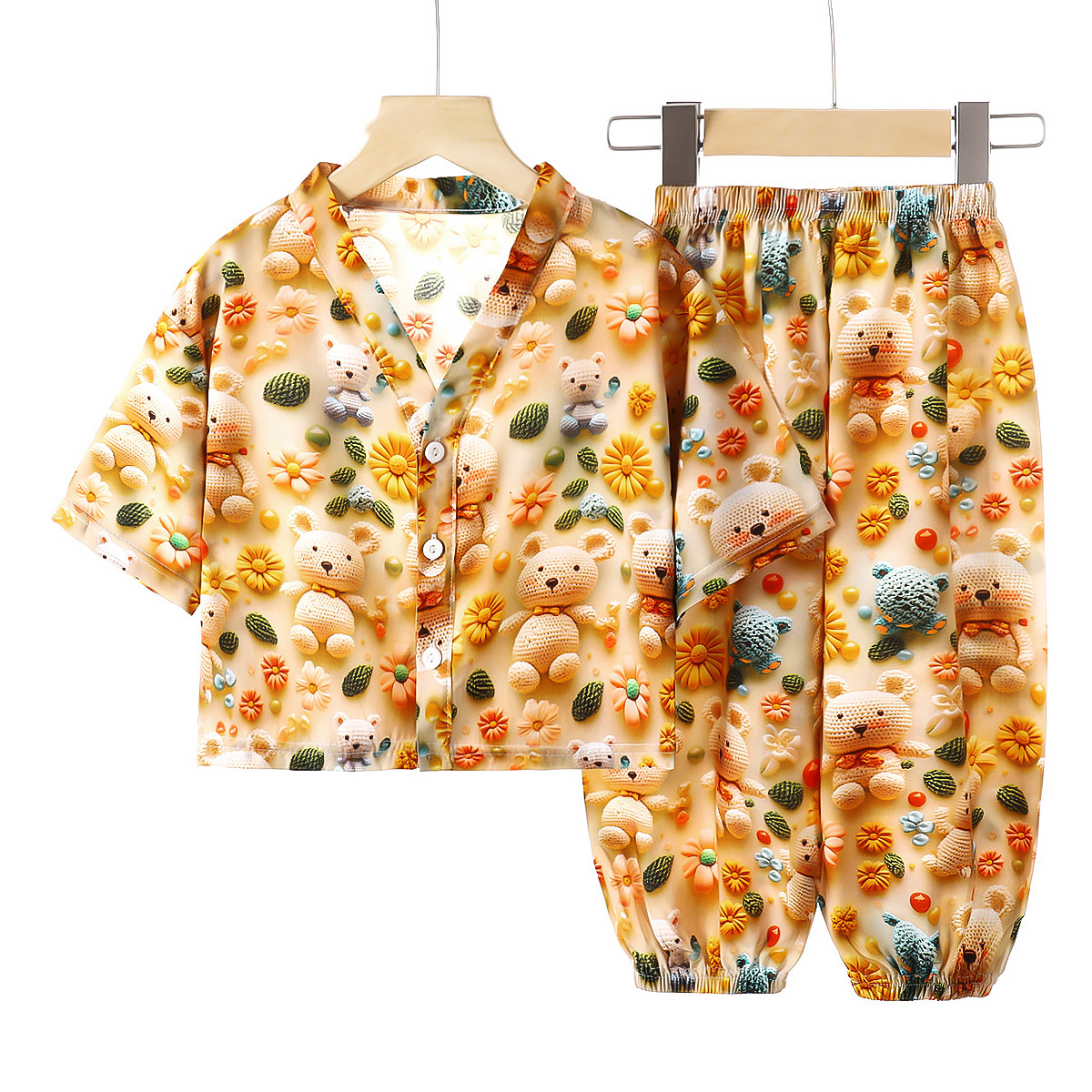 Conjunto de pijamas de seda de algodón para niños, ropa de aire acondicionado de algodón artificial de verano, ropa para el hogar de seda de algodón para niños y niñas, ropa para niños de dos piezas