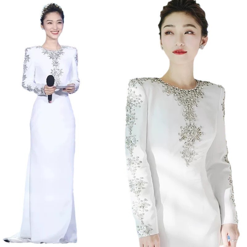 High-Quality In-Stock Host Evening Gown 2026 Celebrity Series Heavy Beading and Rhinestone Embellishment Front Slit Long Dress with Small Train High-Quality In-Stock Host Evening Gown 2026 Celebrity Series Heavy Beading and Rhinestone Embellishment Front Slit Long Dress with Small Train