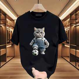 帝仑诗美式重磅痞创意男士短袖t恤足球猫宽松印花纯棉帅卡通ins上