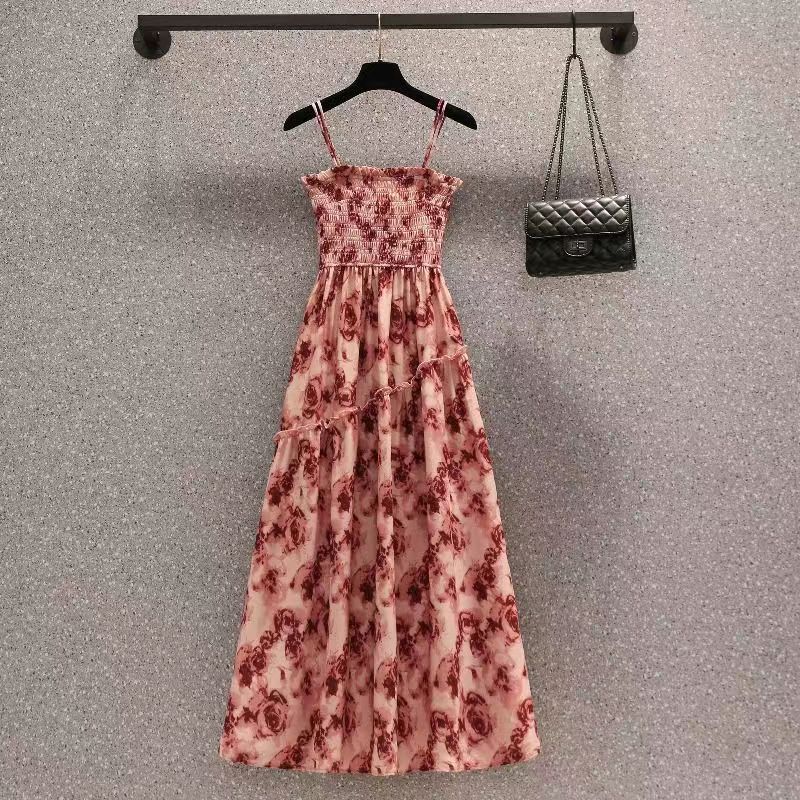 Foreign trade, look at the real thing before placing an order, floral pleated suspenders French waist slim socialite temperament dress Foreign trade, look at the real thing before placing an order, floral pleated suspenders French waist slim socialite temperament dress
