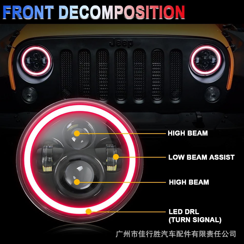 Cross-Border Full-Circle 4-Bead Wrangler Headlight Car Light Motorcycle Modification 7inch Angel Eye Led Car Light Work Light