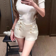 2025aw秋季新款法式名媛结构金属扣棉锦缎面三分短裤靴裤女