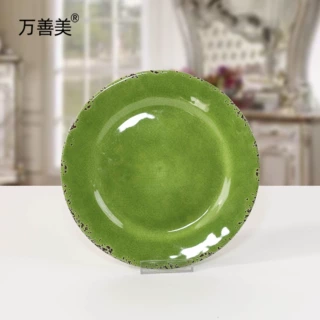 跨境外贸款9寸美耐皿圆盘密胺盘子带边深盘 美式乡村风锈边仿瓷盘