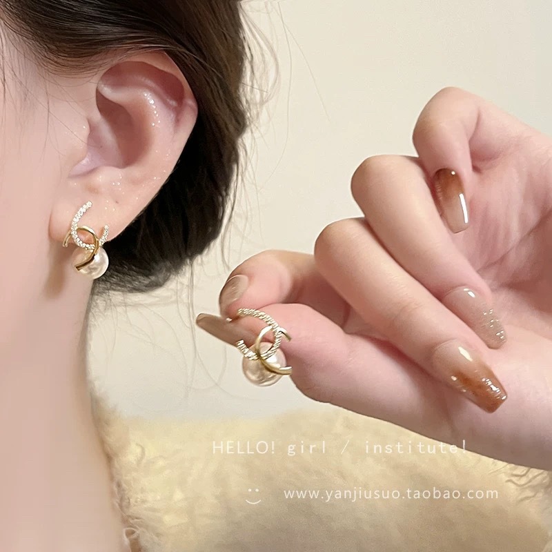 6 # Spliced ​​diamond double c pearl pendant stud earrings