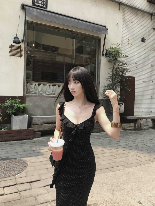 (Original Quality) Women's Summer Slim-Fit Polka Dot Deep V-Neck Bodycon Long Dress French Style Black Flutter Sleeve Spaghetti Strap Dress