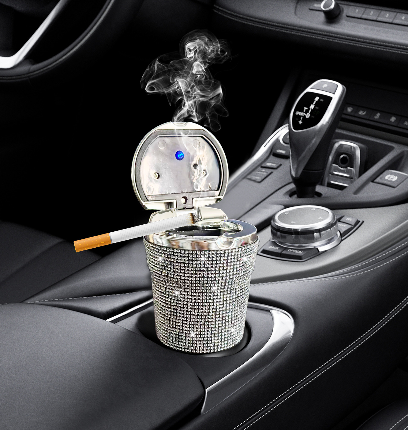 Diamond-Encrusted Car Ashtray, Creative and Personalized, with Cover, Led Light, Multifunctional, Universal, High Temperature Resistant, Flame Retardant