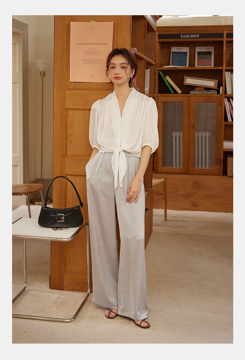 起范2024夏季新品法式知性优雅V领女士衬衫宽松显瘦缎面衬衣82911 pic 17