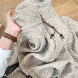 大码美式复古半拉链立领卫衣女秋冬加绒宽松显瘦休闲胖mm300斤