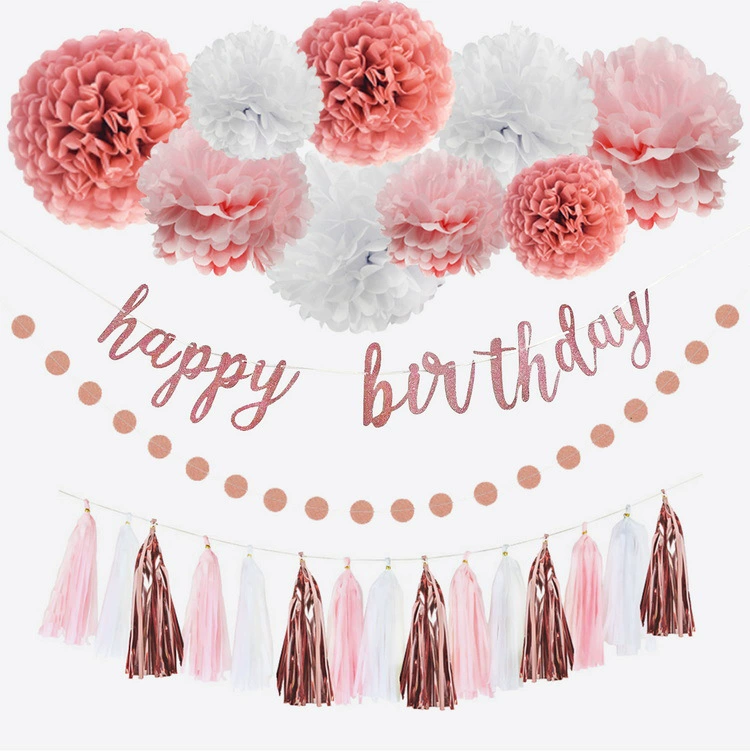Набор для дня рождения: гирлянда Happy Birthday розовое золото бумажные цветы и кисточки