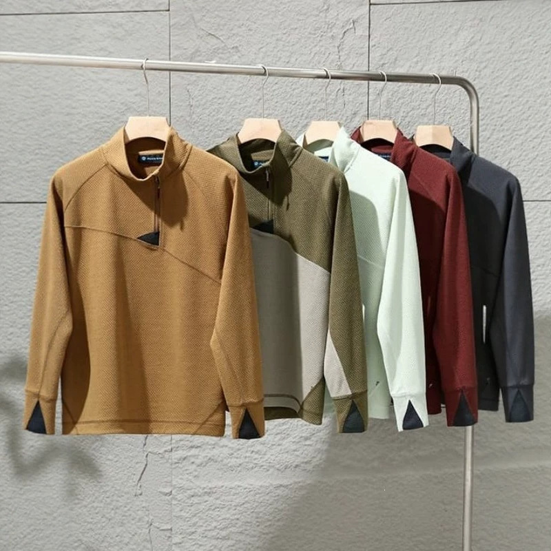 Honeycomb structure, Merino wool blend!! Spring/Summer outdoor casual half-zip long-sleeve T-shirt for men and women