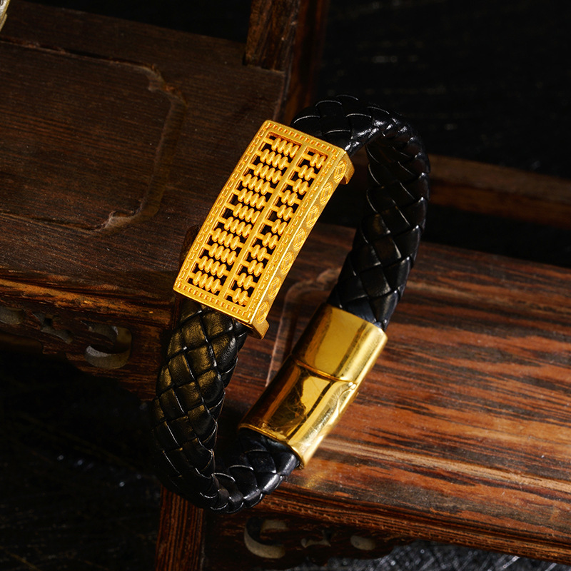 Sand Gold National style leather rope bracelet men's dripping oil chopsticks Abacus Wanfu domineering bracelet jewelry copper gold plated jewelry wholesale