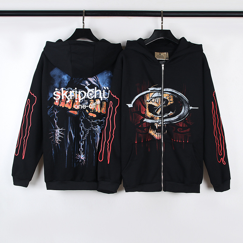 American Style High Street Vintage Diablo Y2K Gothic Skull Print Zipper Hoodie Long Sleeve Niche Sweater Jacket
