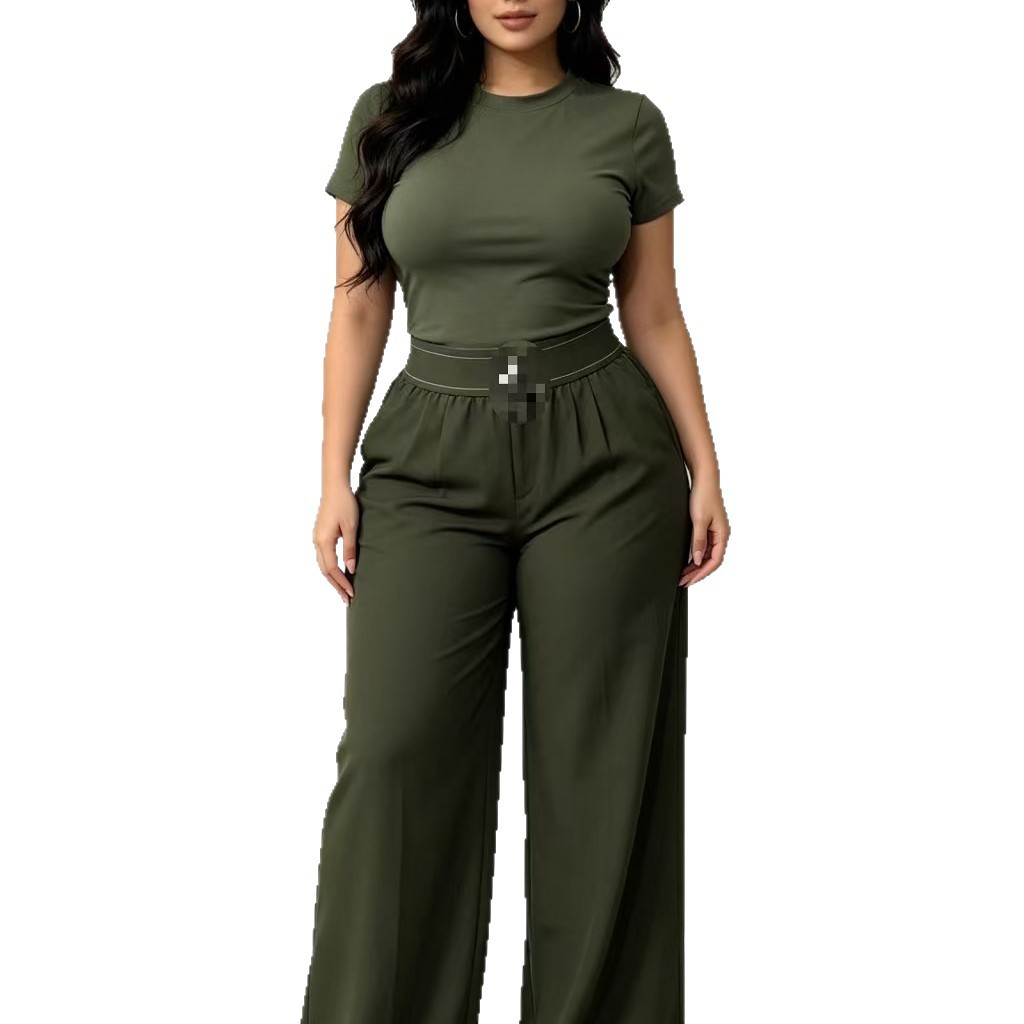 Nuevos pantalones de piernas anchas de cintura alta de primavera y verano transfronterizos europeos y estadounidenses + camisa deportiva de manga corta de yoga set de ocio