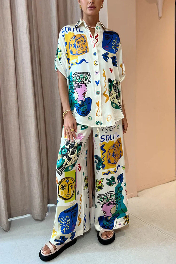 Summer Graffiti Printing Satin Short Sleeve Collared Shirt Trousers Casual Two Piece Suit Amplified craft