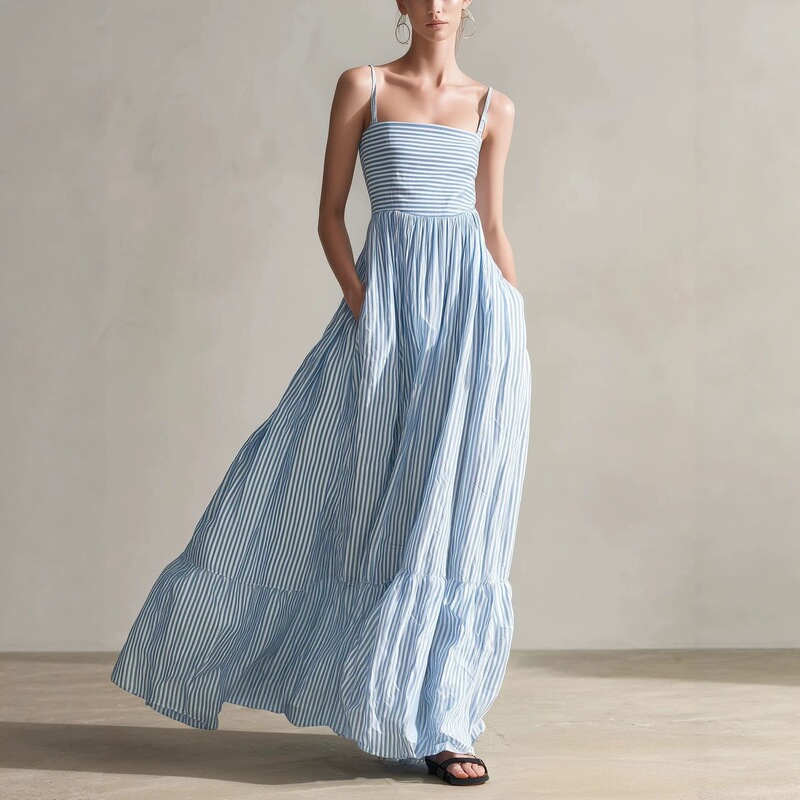 New 2026 Cross-Border Independent Site European and American Women's Casual Striped Woven Sleeveless Spaghetti Strap Long Dress New 2026 Cross-Border Independent Site European and American Women's Casual Striped Woven Sleeveless Spaghetti Strap Long Dress