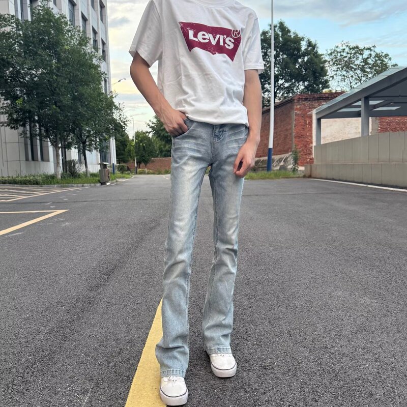 Autumn Cleanfit Style Washed Light Blue Whiskered Stretch Jeans for Men, Slim Fit and Flattering Long Pants Autumn Cleanfit Style Washed Light Blue Whiskered Stretch Jeans for Men, Slim Fit and Flattering Long Pants